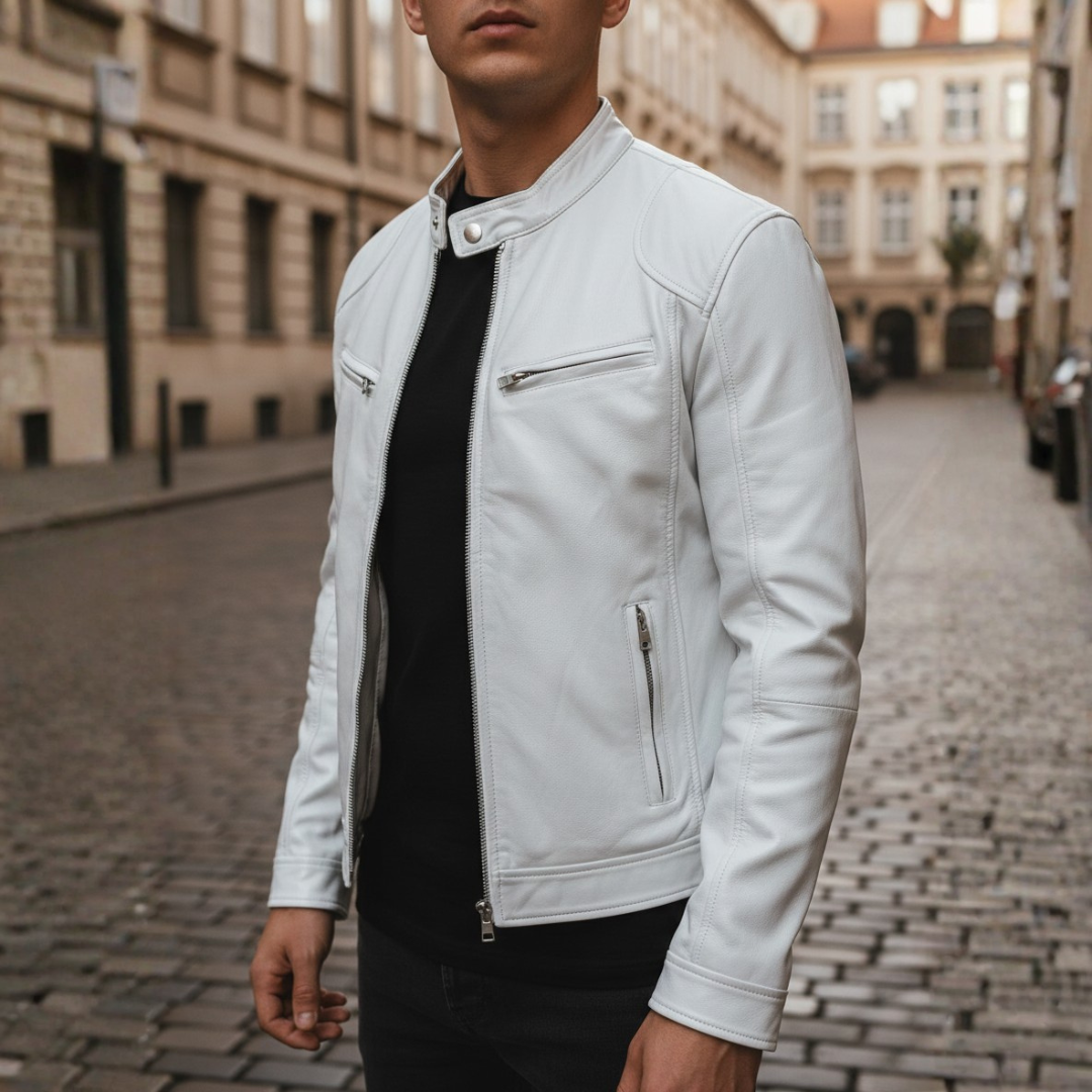Slim Fit Faux Leather Biker Jacket for Men featuring zip pockets, stylish design, and a modern silhouette. 6
