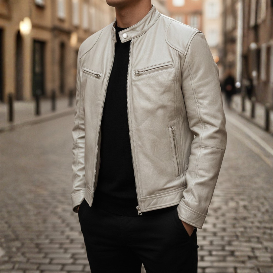 Slim Fit Faux Leather Biker Jacket for Men featuring zip pockets, stylish design, and a modern silhouette. 7