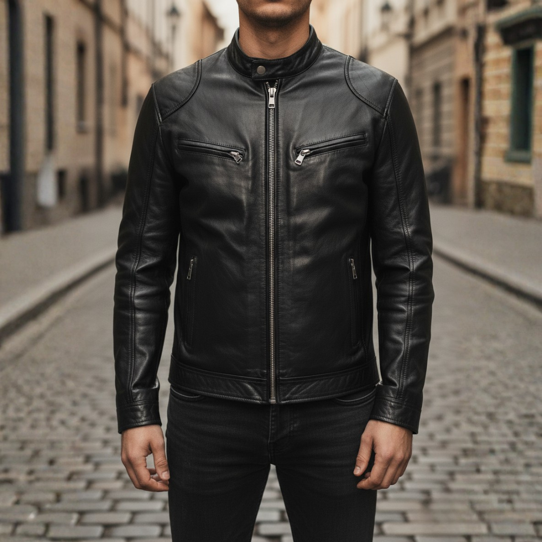 Slim Fit Faux Leather Biker Jacket for Men featuring zip pockets, stylish design, and a modern silhouette. 8
