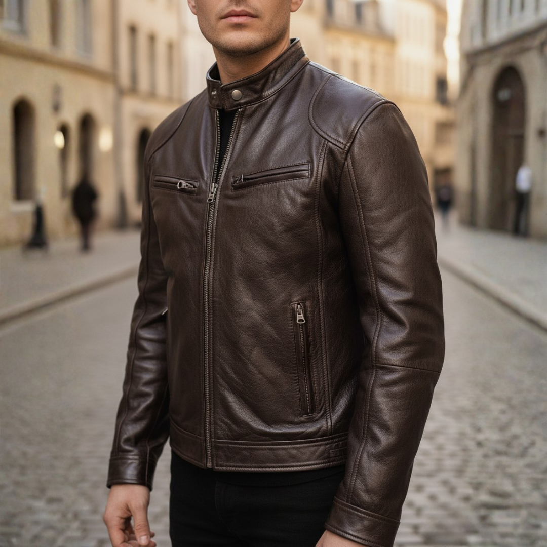Slim Fit Faux Leather Biker Jacket for Men featuring zip pockets, stylish design, and a modern silhouette. 9