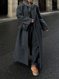 Striped Long Coat for Women with Lapels and Stretch Fabric 0
