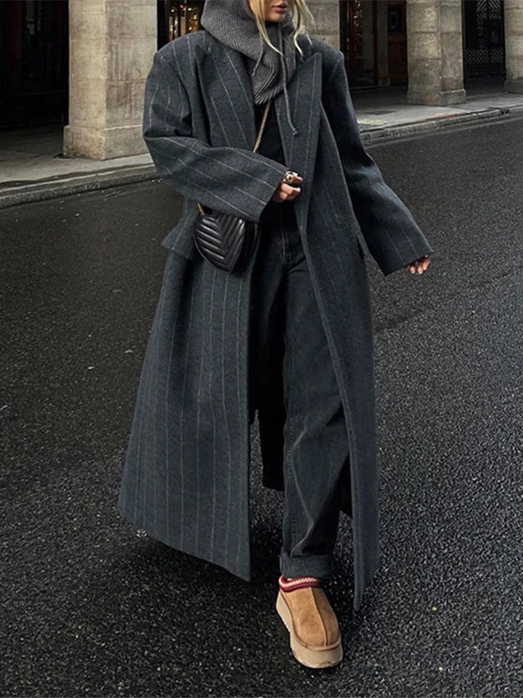 Striped Long Coat for Women with Lapels and Stretch Fabric 1