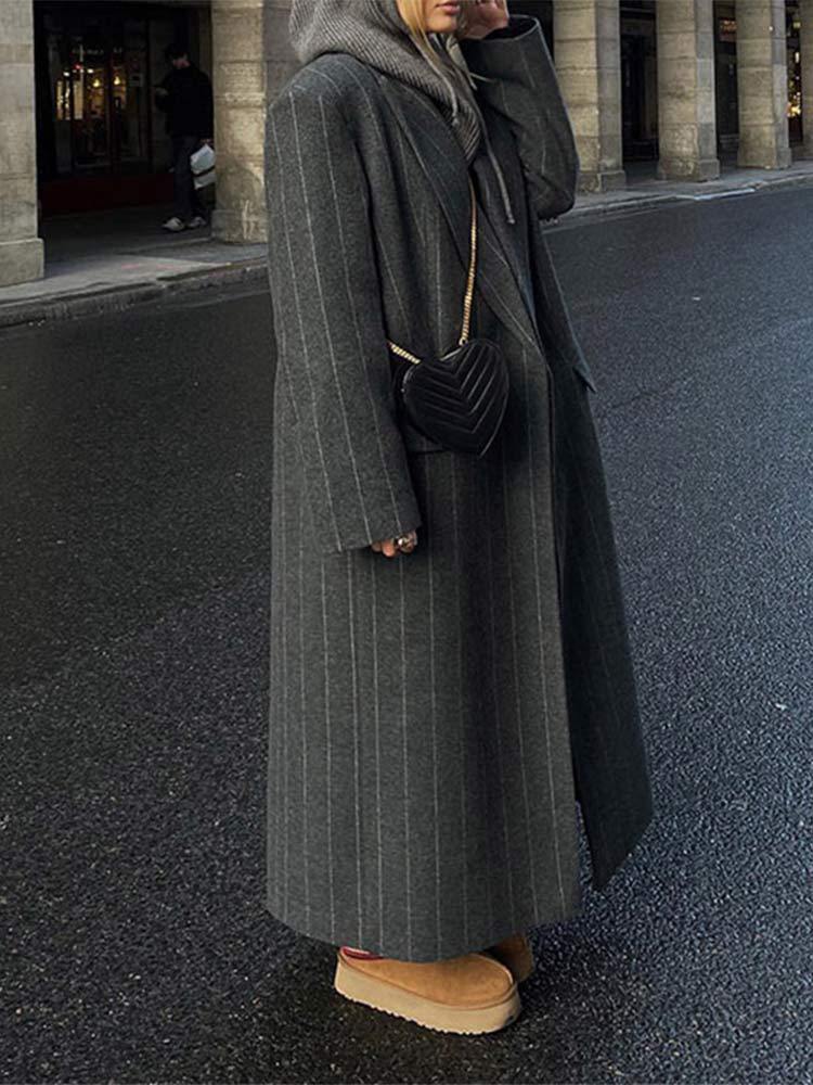 Striped Long Coat for Women with Lapels and Stretch Fabric 3