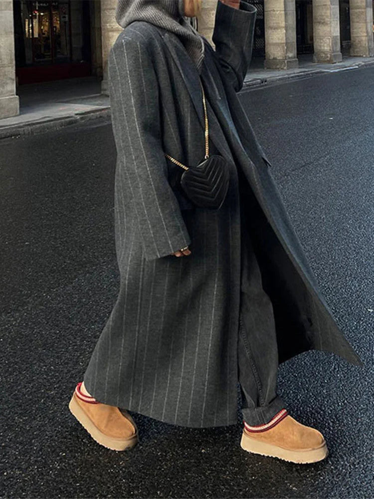 Striped Long Coat for Women with Lapels and Stretch Fabric 5