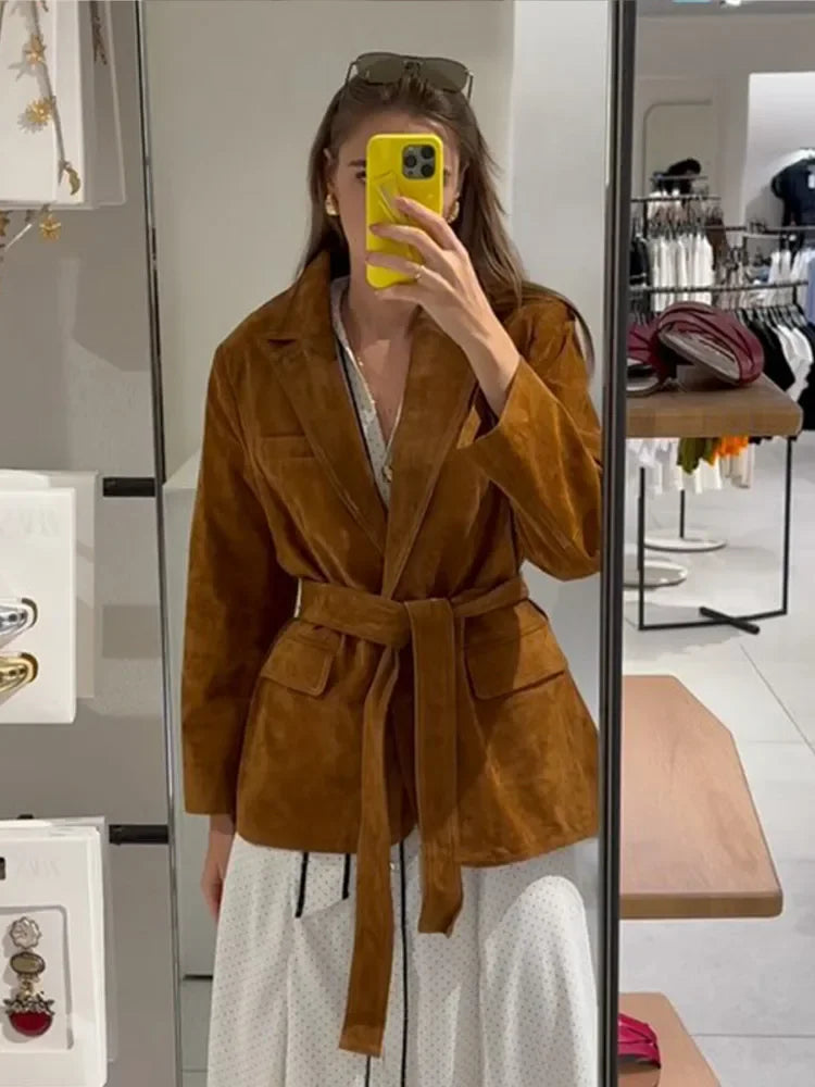Tailored Suede Women's Coat with Belt and Lapel Collar for Autumn 1