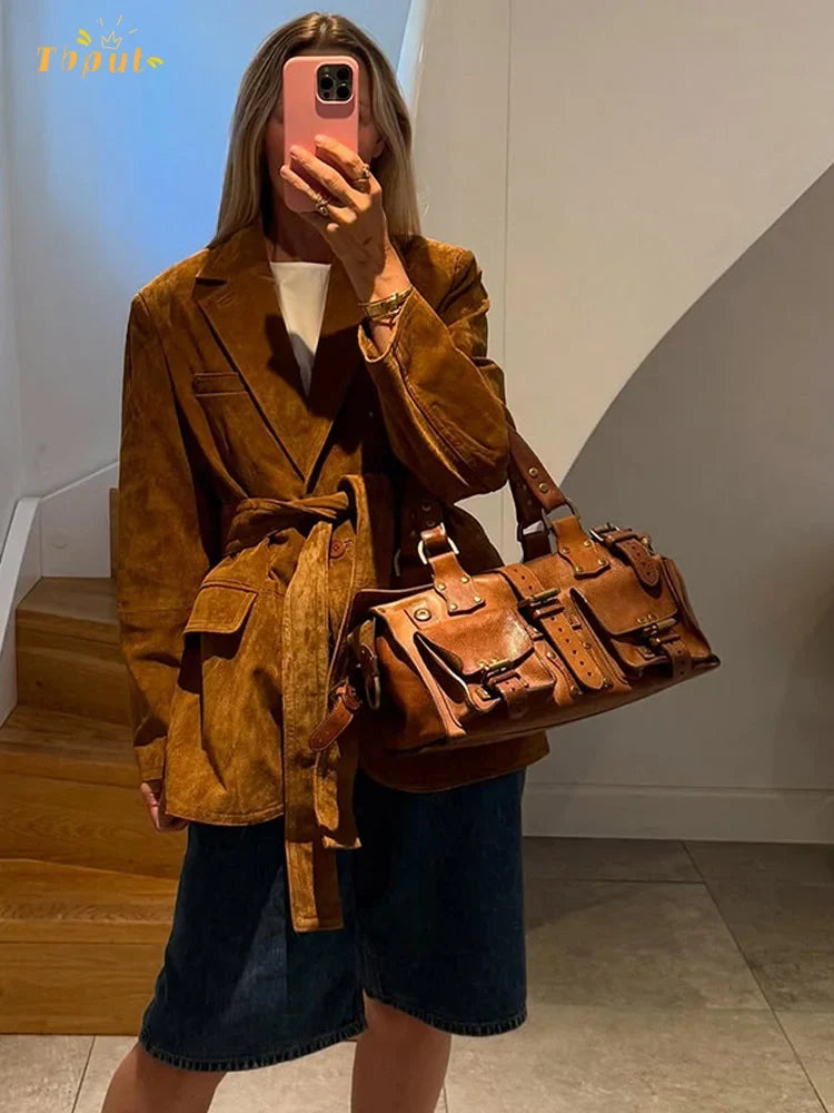 Tailored Suede Women's Coat with Belt and Lapel Collar for Autumn 2