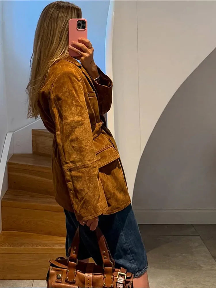 Tailored Suede Women's Coat with Belt and Lapel Collar for Autumn 3
