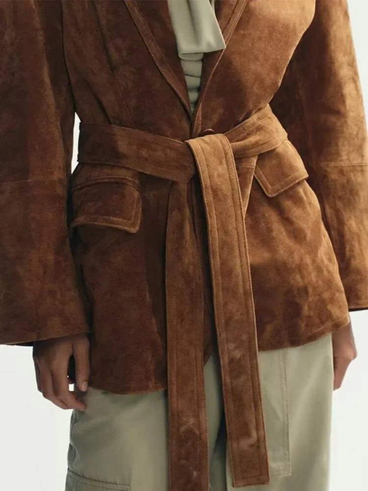Tailored Suede Women's Coat with Belt and Lapel Collar for Autumn 4