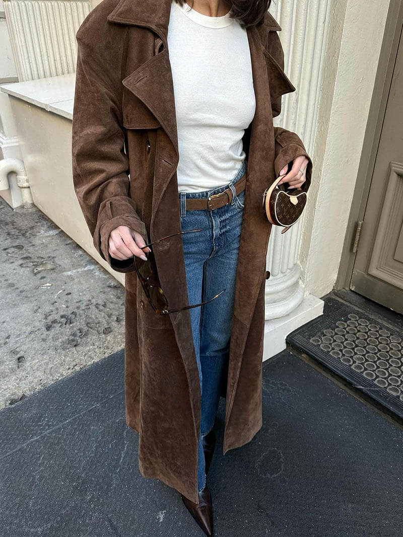 Vegan Suede Maxi Trench Coat with Tailored Belt 1