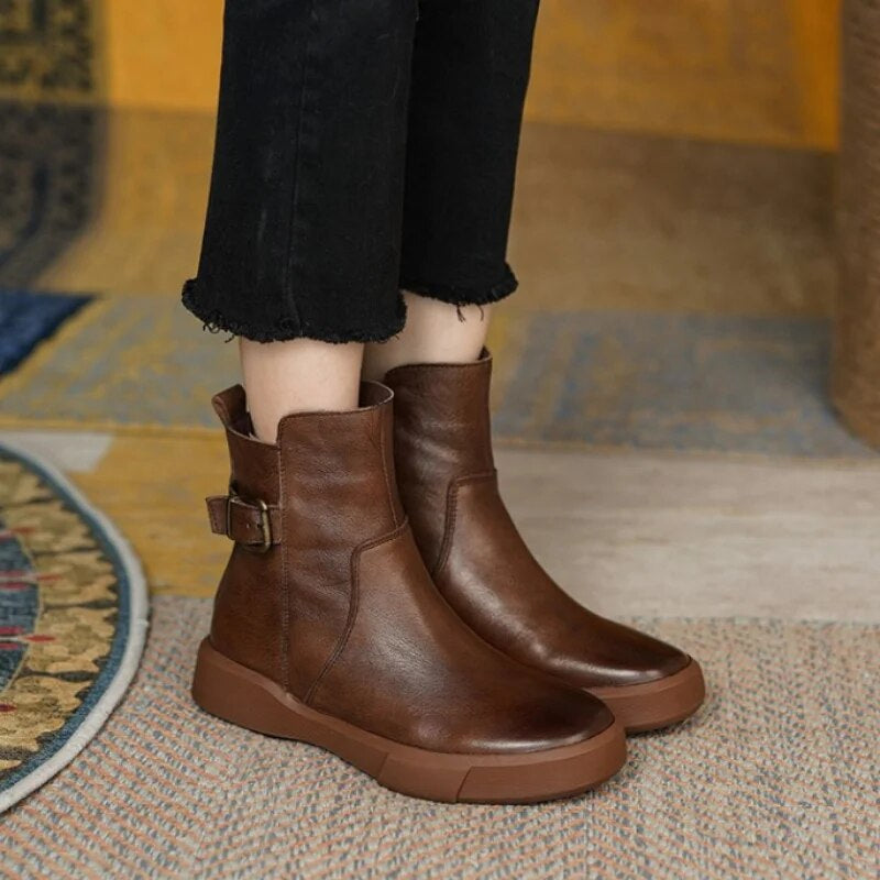 Women's Black Leather Ankle Boots with Adjustable Buckle 0