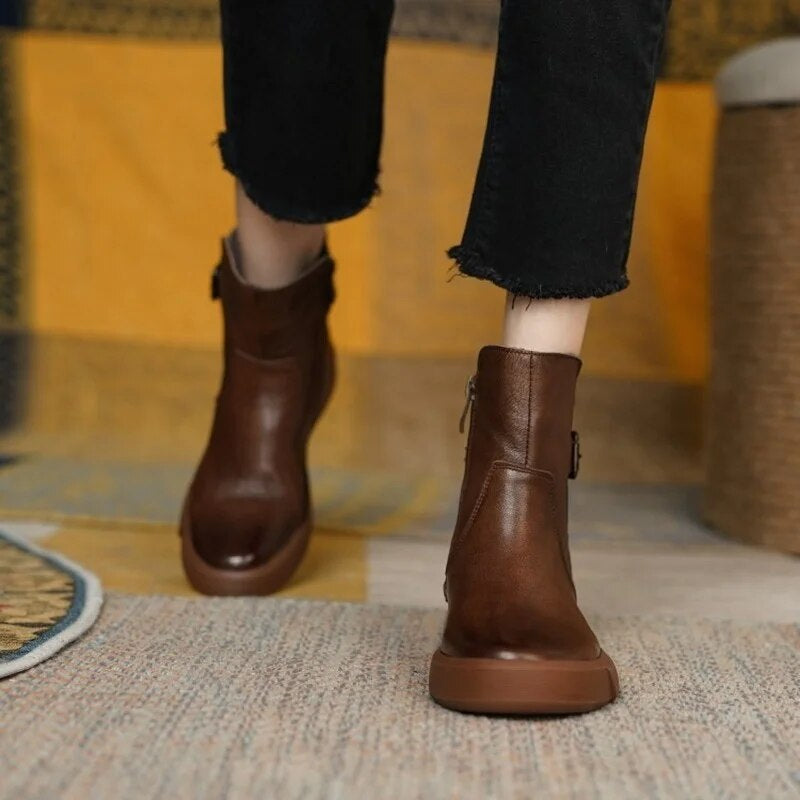 Women's Black Leather Ankle Boots with Adjustable Buckle 1