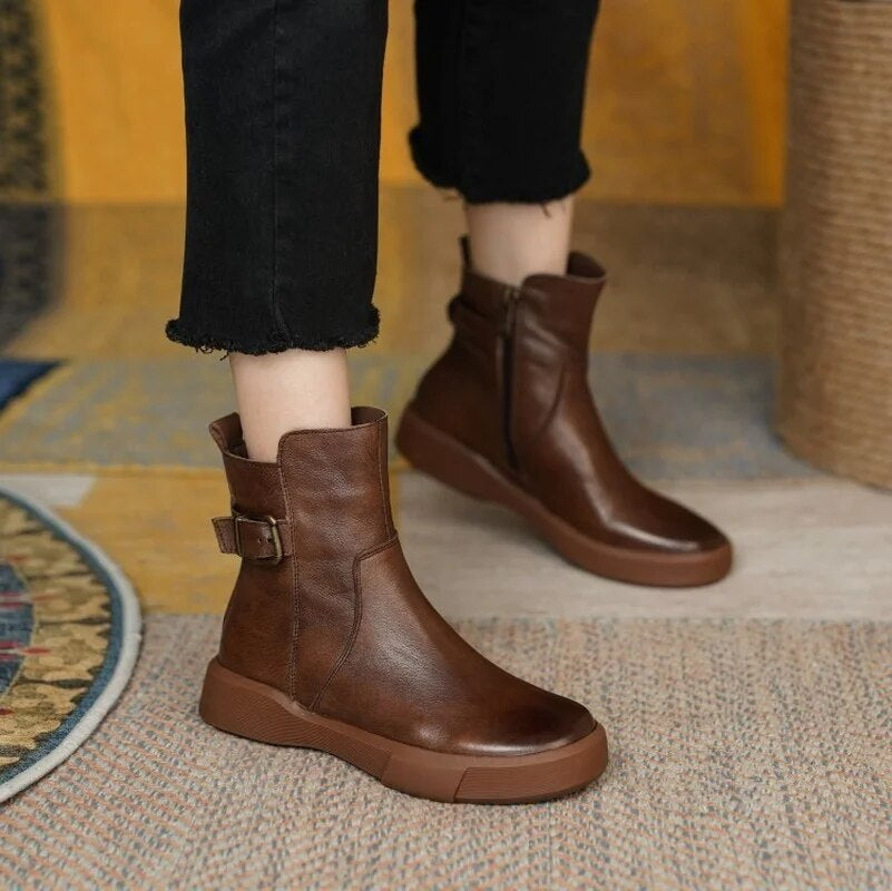 Women's Black Leather Ankle Boots with Adjustable Buckle 2