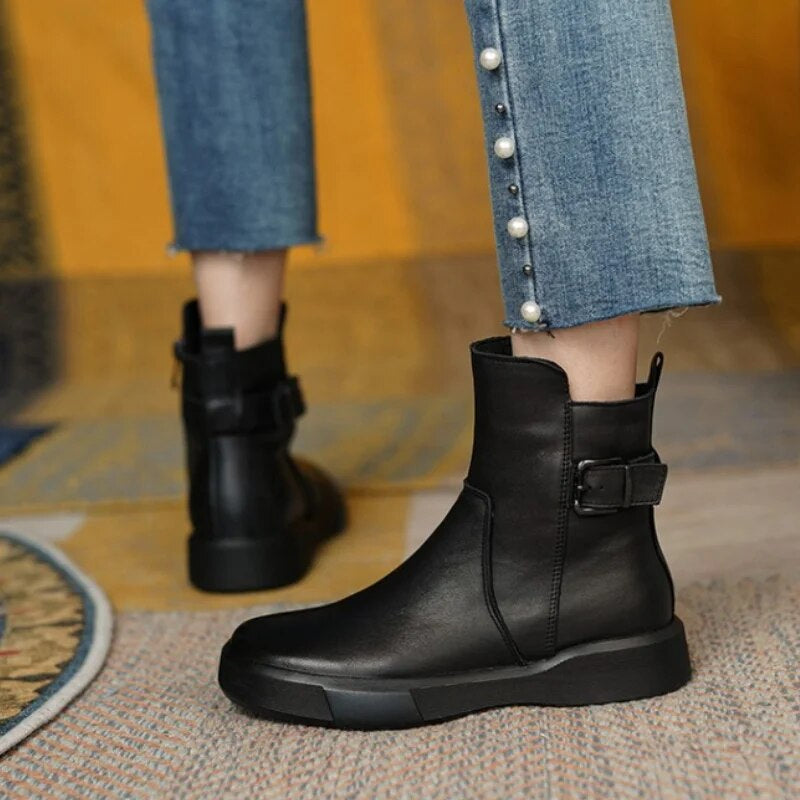 Women's Black Leather Ankle Boots with Adjustable Buckle 3