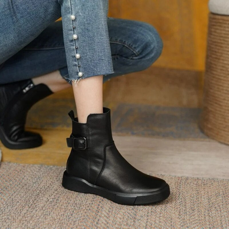 Women's Black Leather Ankle Boots with Adjustable Buckle 4