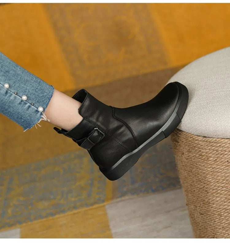 Women's Black Leather Ankle Boots with Adjustable Buckle 6