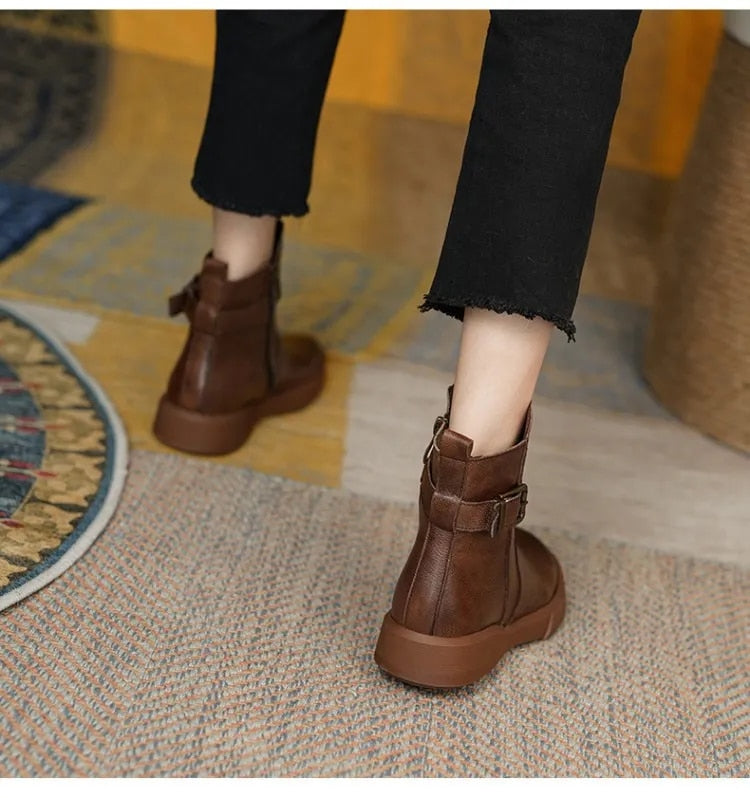 Women's Black Leather Ankle Boots with Adjustable Buckle 7