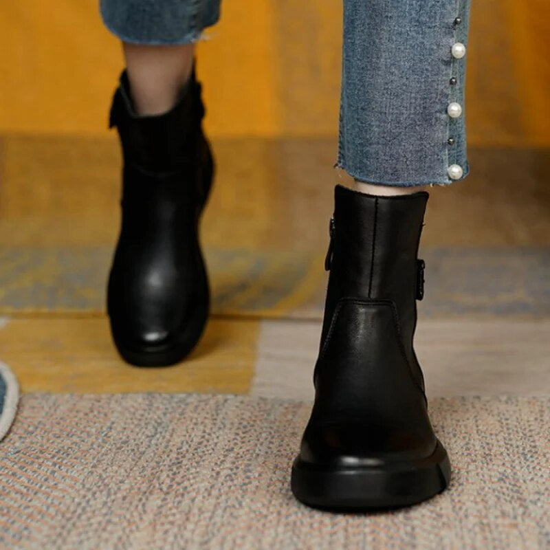 Women's Black Leather Ankle Boots with Adjustable Buckle 8