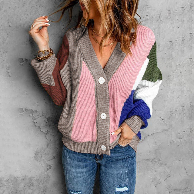 Women's Button-Up Colorblock Ribbed Knit Cardigan 0