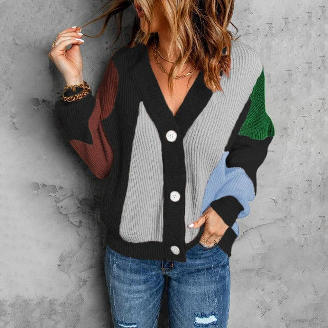 Women's Button-Up Colorblock Ribbed Knit Cardigan 1