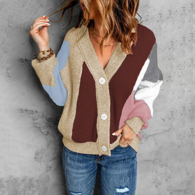 Women's Button-Up Colorblock Ribbed Knit Cardigan 2