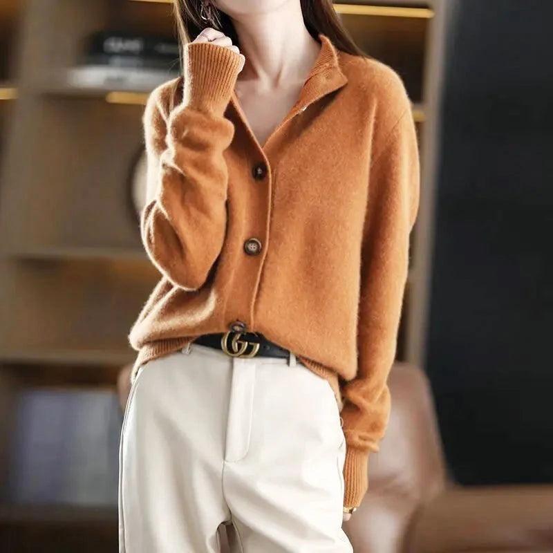 Women's Button-Up Knit Cardigan with Stand Collar and Relaxed Fit 0