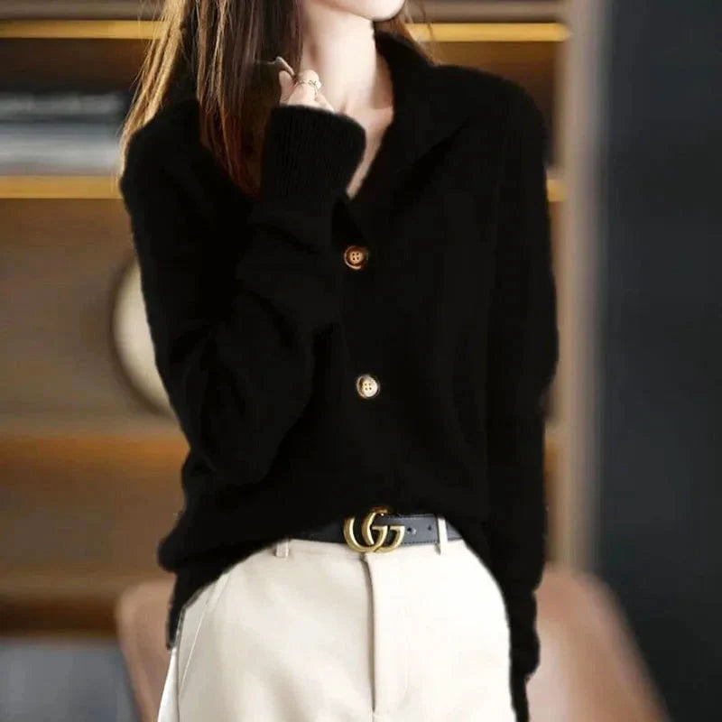 Women's Button-Up Knit Cardigan with Stand Collar and Relaxed Fit 2