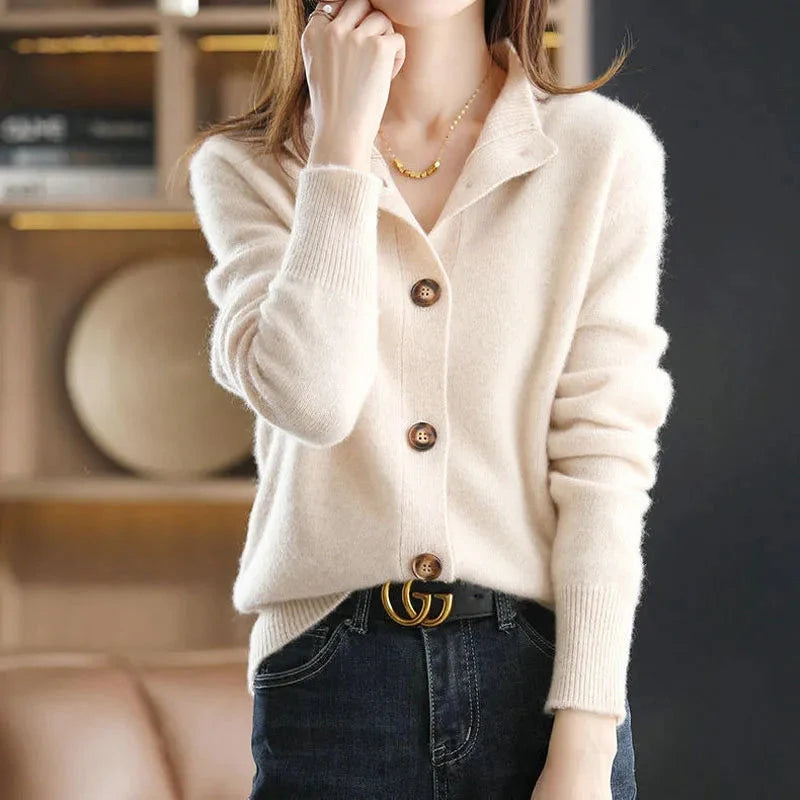 Women's Button-Up Knit Cardigan with Stand Collar and Relaxed Fit 3
