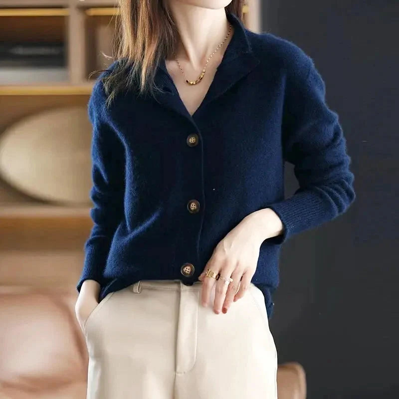 Women's Button-Up Knit Cardigan with Stand Collar and Relaxed Fit 4