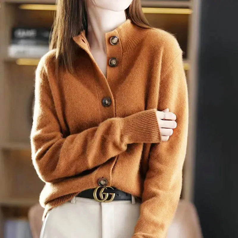 Women's Button-Up Knit Cardigan with Stand Collar and Relaxed Fit 5