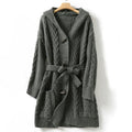 Women's Cable Knit Hooded Cardigan with Tie Waist 0
