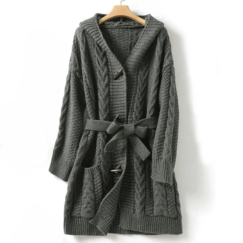 Women's Cable Knit Hooded Cardigan with Tie Waist 0
