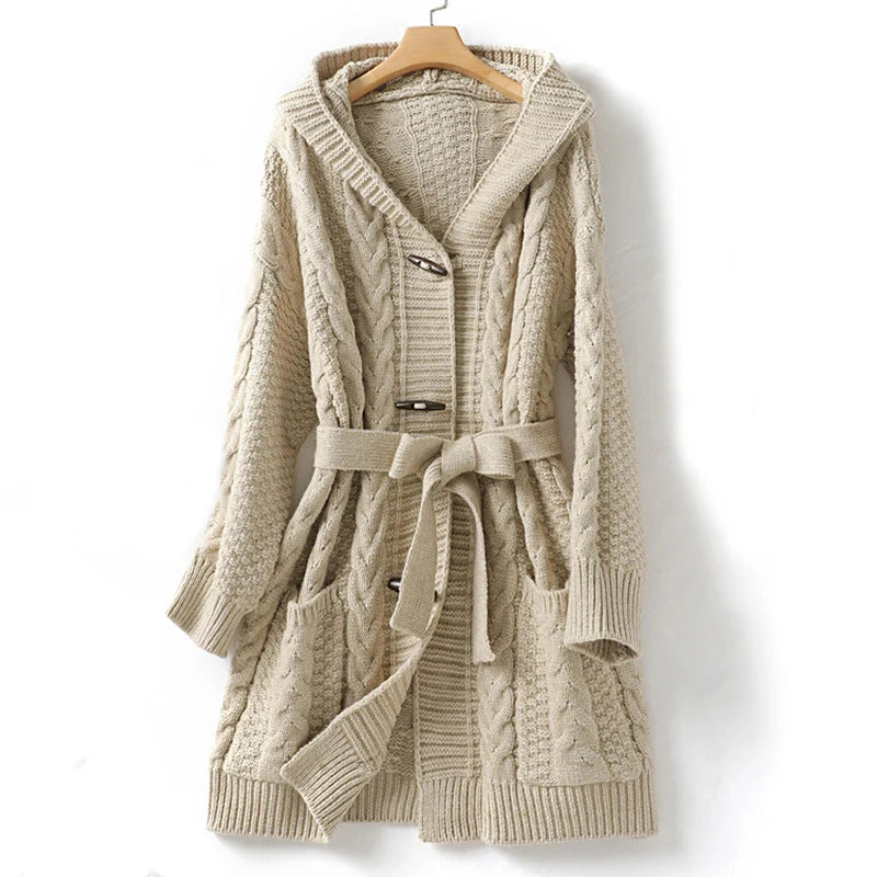 Women's Cable Knit Hooded Cardigan with Tie Waist 1