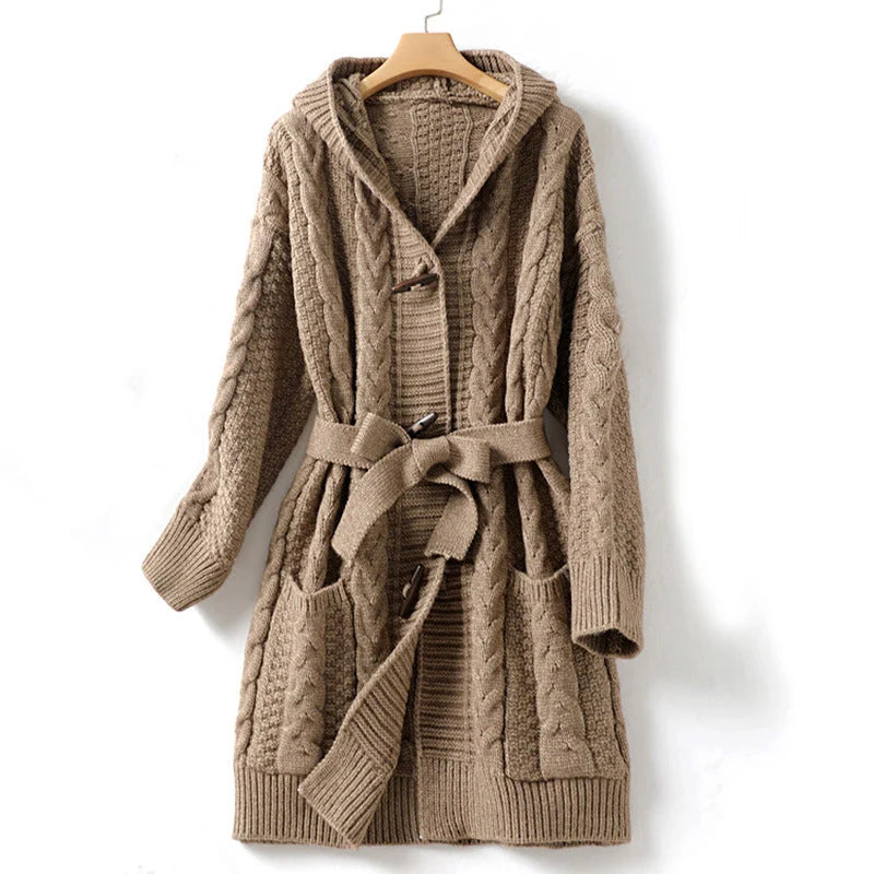 Women's Cable Knit Hooded Cardigan with Tie Waist 2