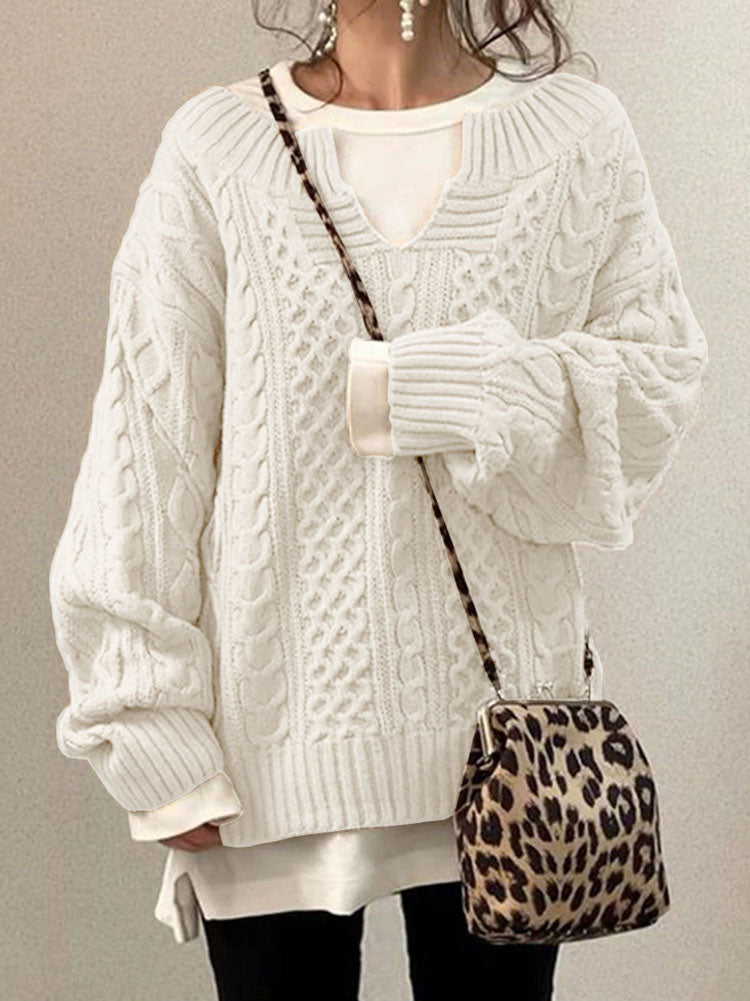 Women’s Cable Knit Sweater with V-Neck and Relaxed Fit 0