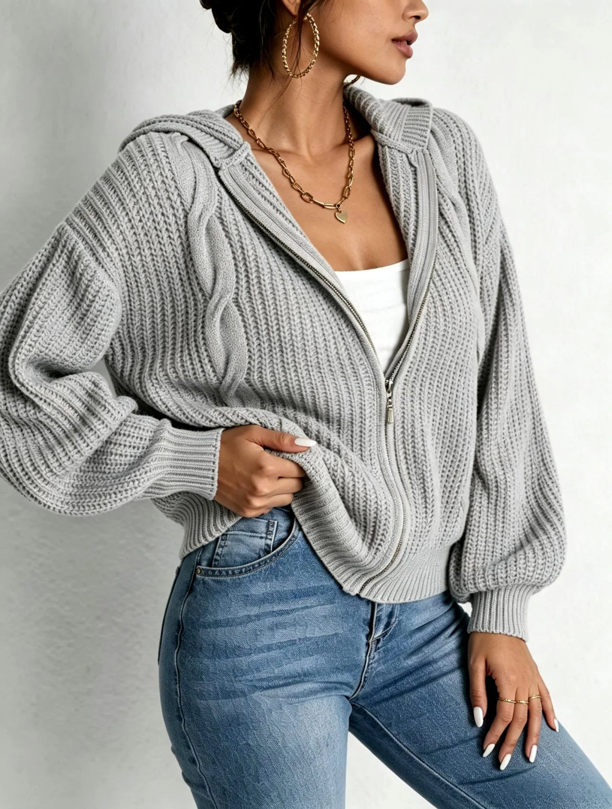 Women's Chunky Cable-Knit Full-Zip Hooded Cardigan 0