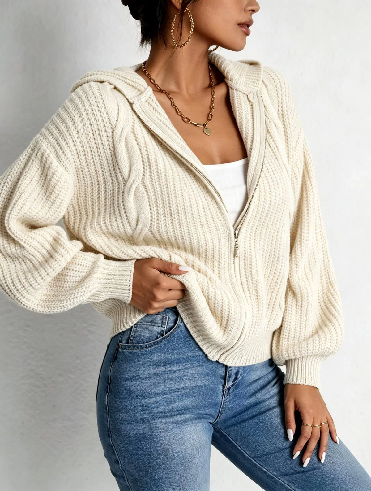 Women's Chunky Cable-Knit Full-Zip Hooded Cardigan 1