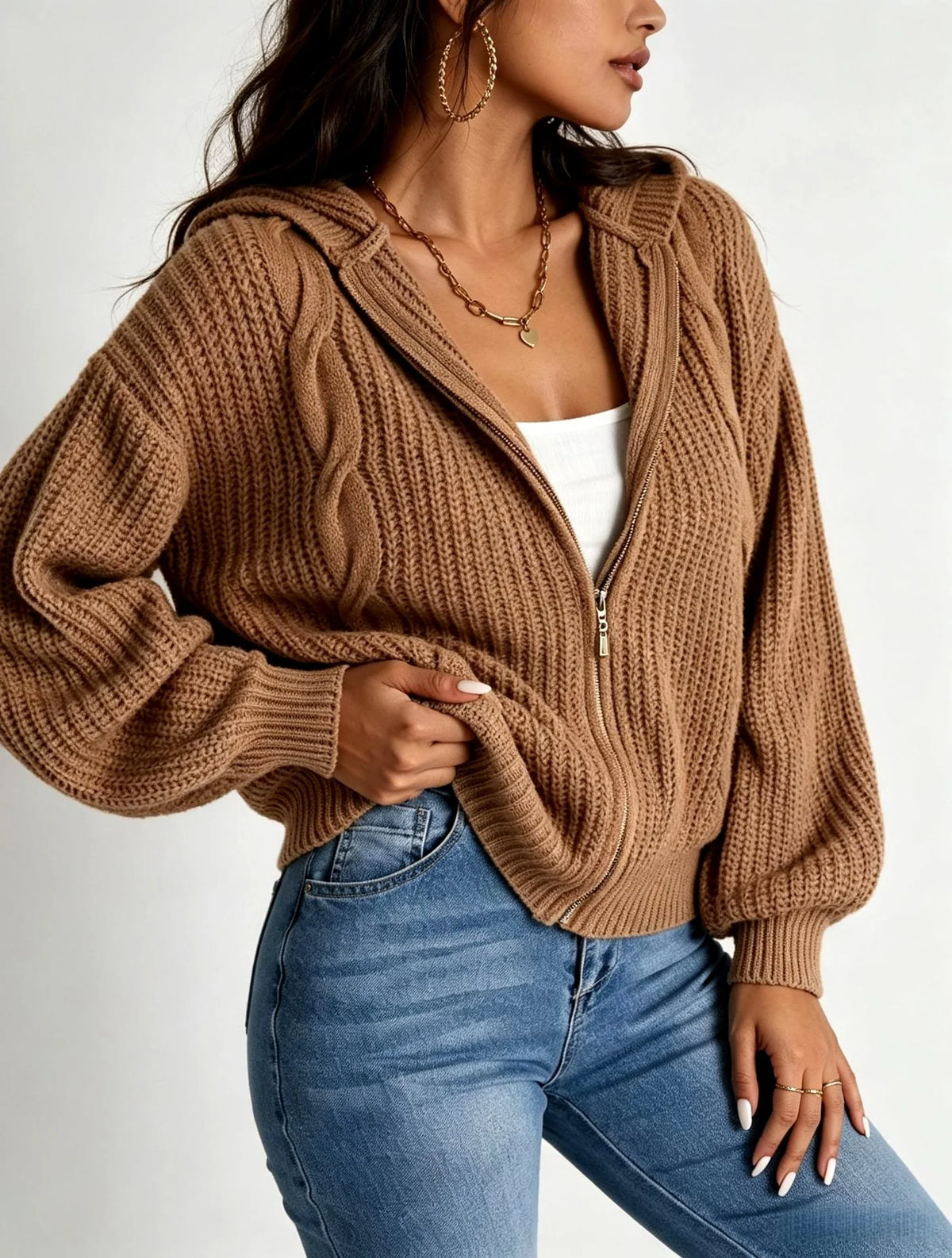 Women's Chunky Cable-Knit Full-Zip Hooded Cardigan 2