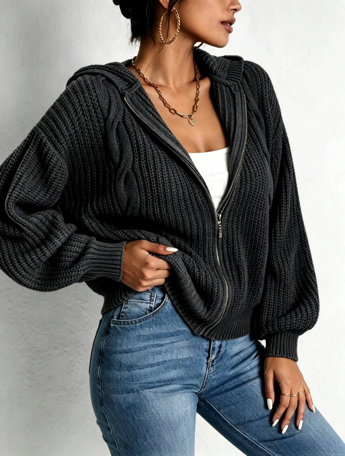 Women's Chunky Cable-Knit Full-Zip Hooded Cardigan 3