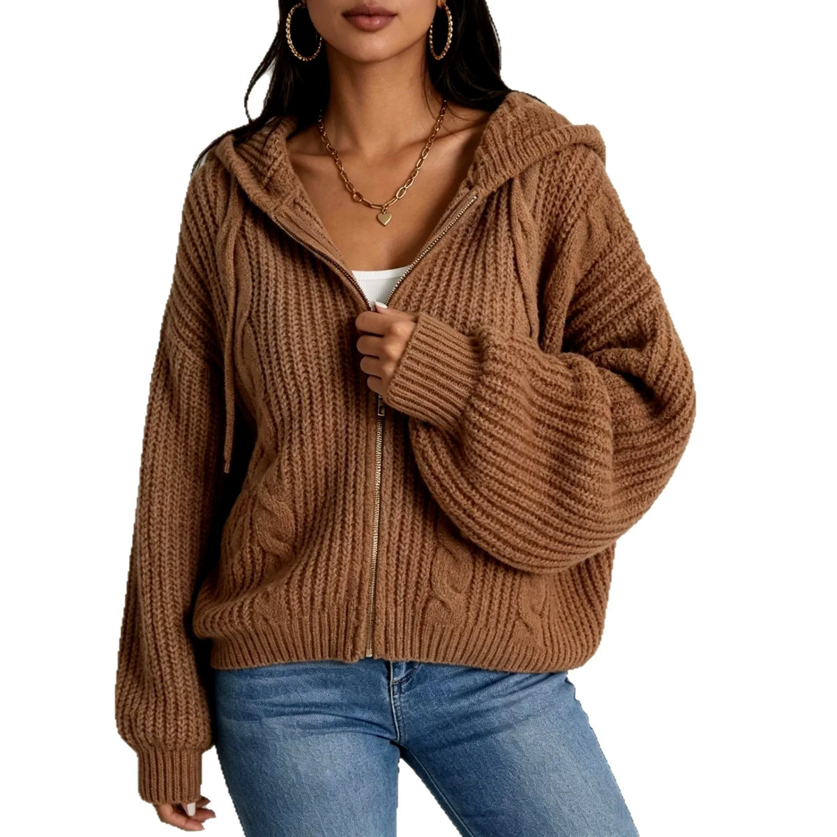 Women's Chunky Cable-Knit Full-Zip Hooded Cardigan 4