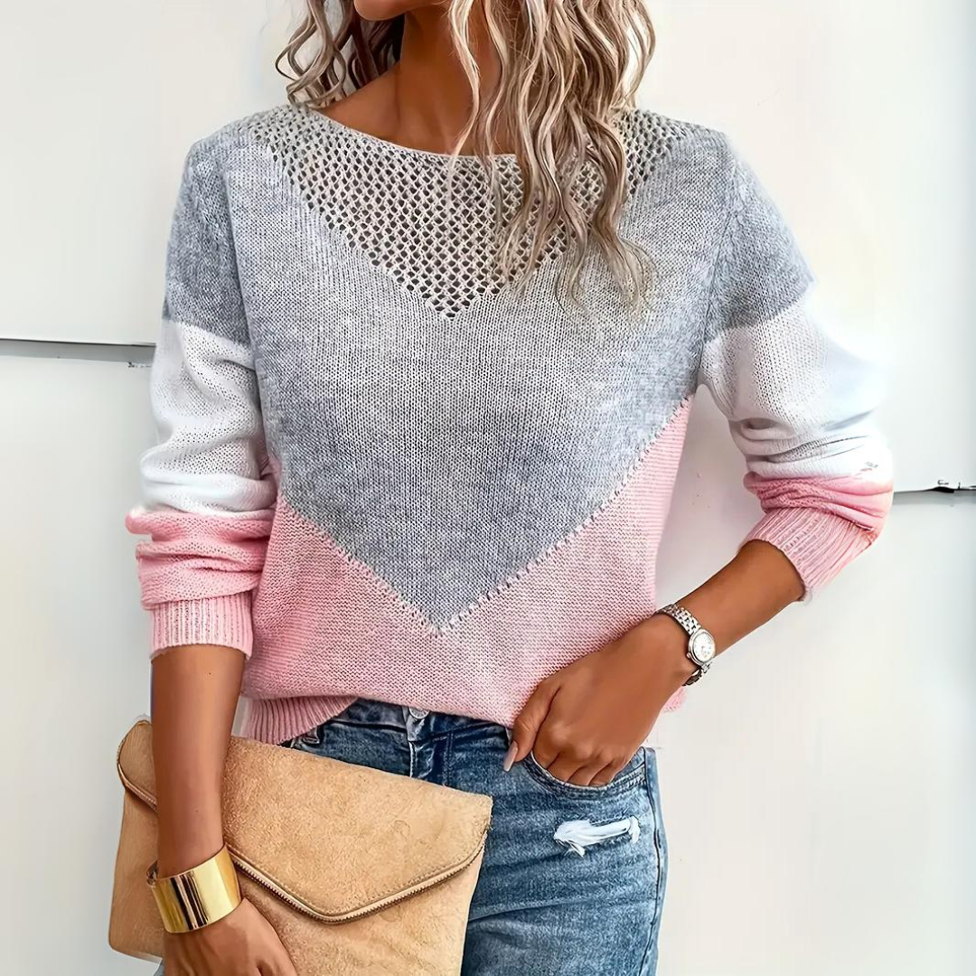 Women’s Color Block Sweater with Mesh Detail and Relaxed Fit 1