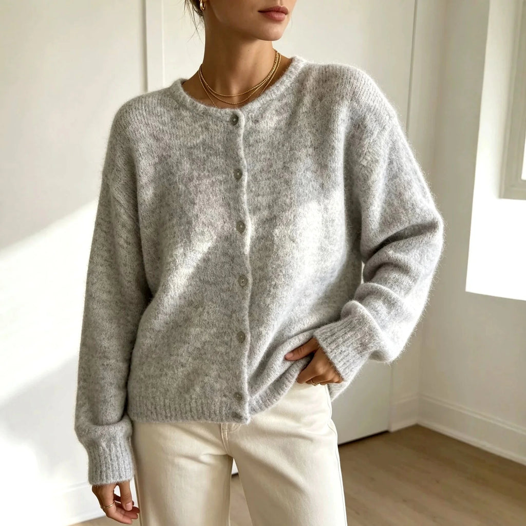 Women's Crew Neck Button-Front Knit Cardigan with Relaxed Fit 0