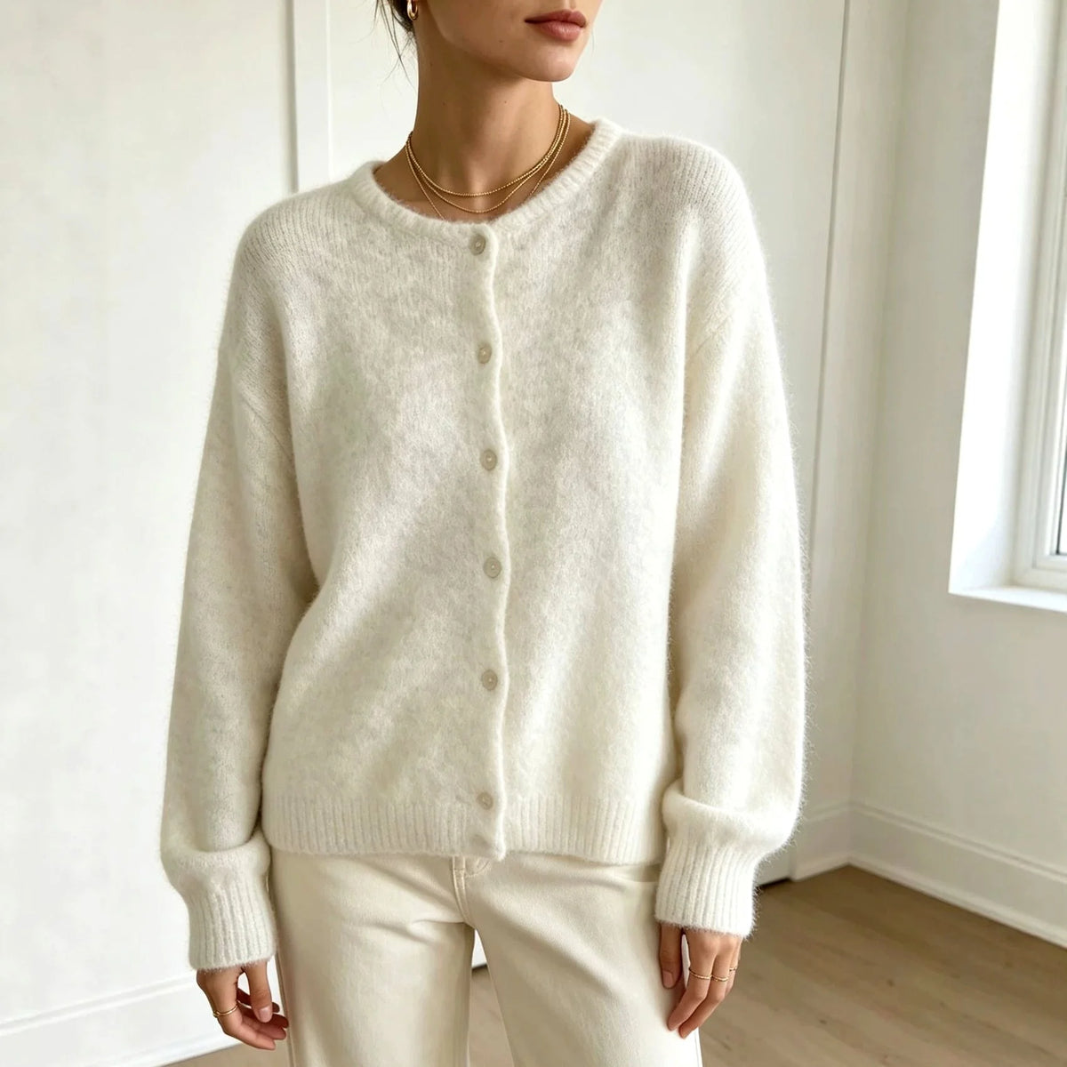 Women's Crew Neck Button-Front Knit Cardigan with Relaxed Fit 1