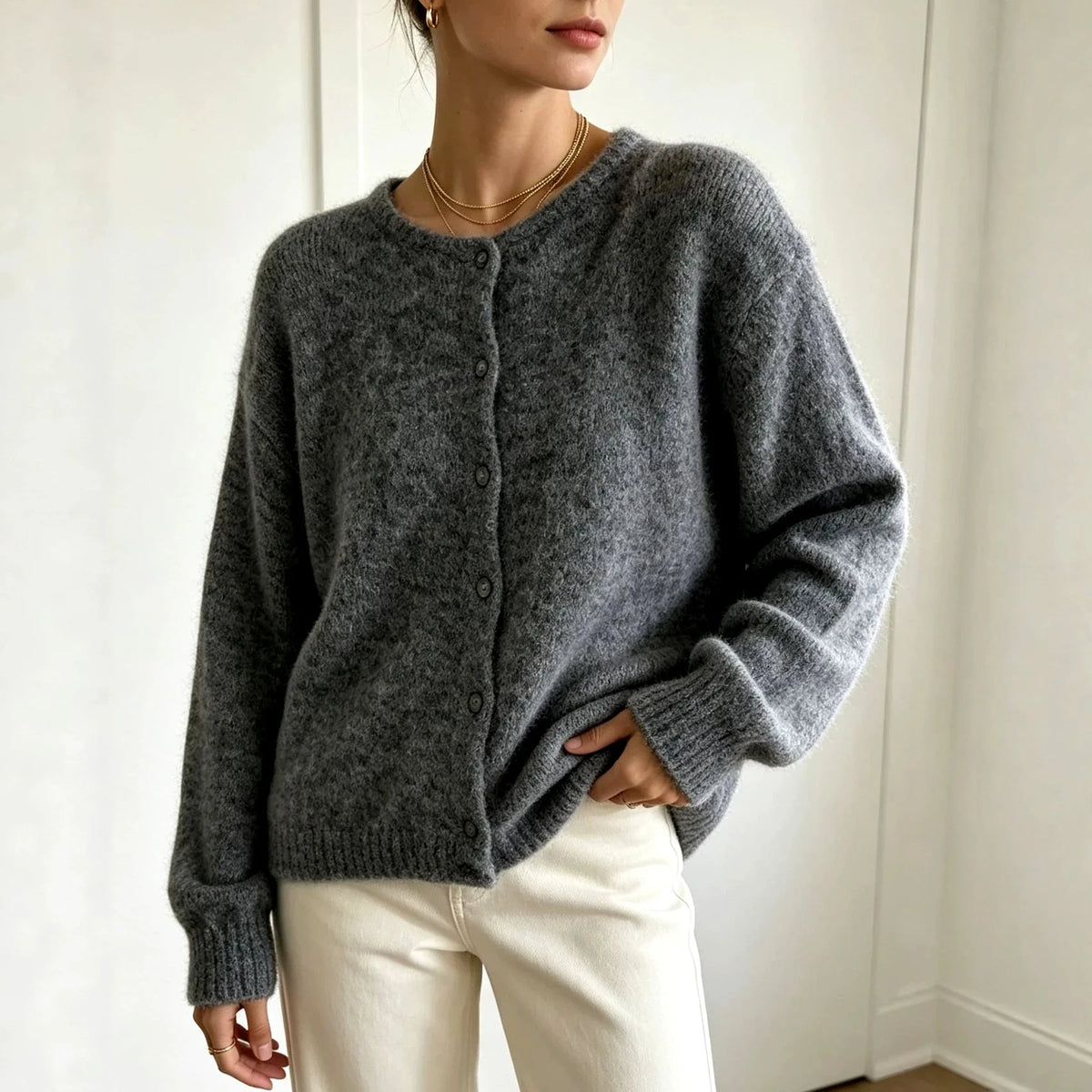 Women's Crew Neck Button-Front Knit Cardigan with Relaxed Fit 2