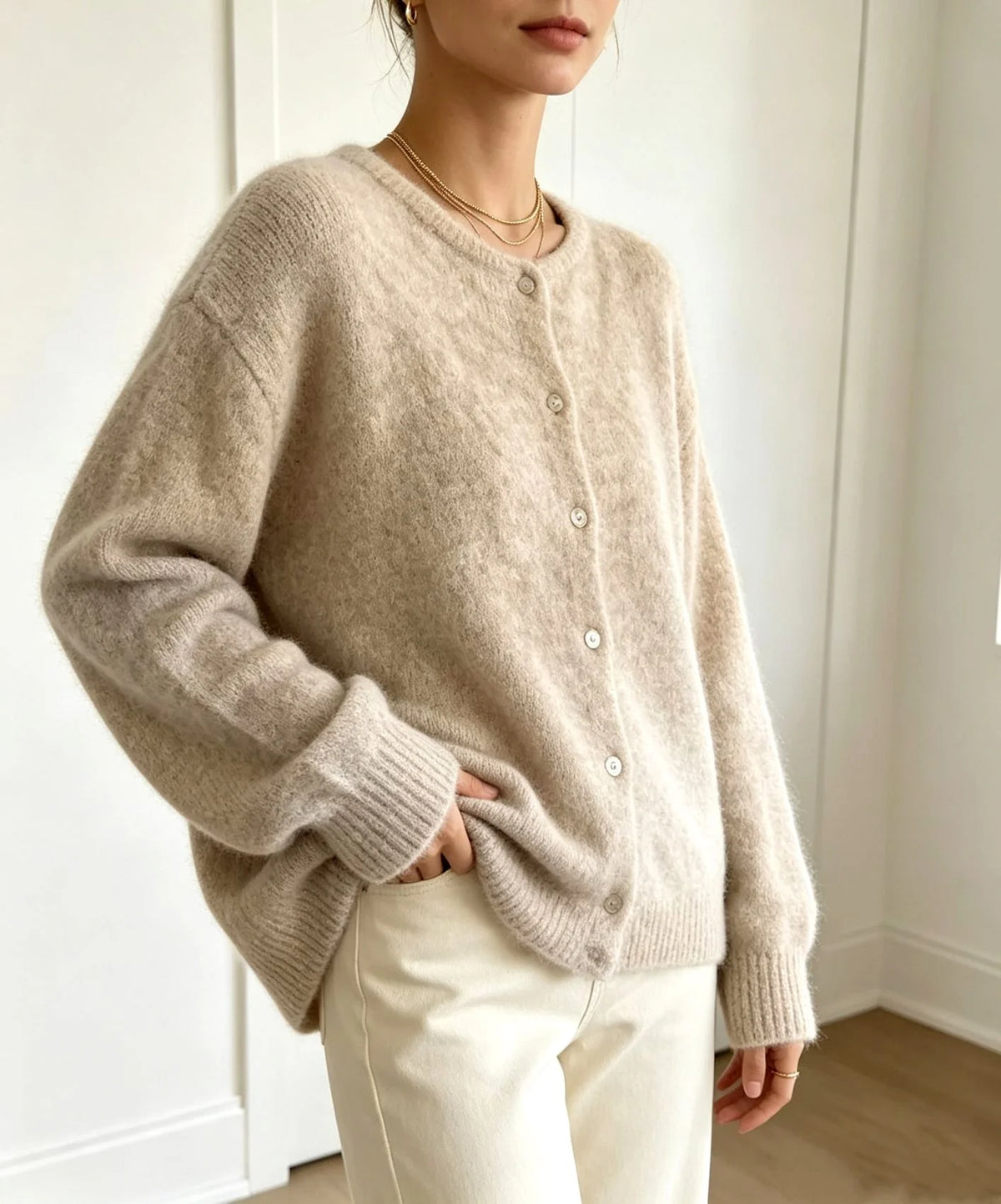 Women's Crew Neck Button-Front Knit Cardigan with Relaxed Fit 3