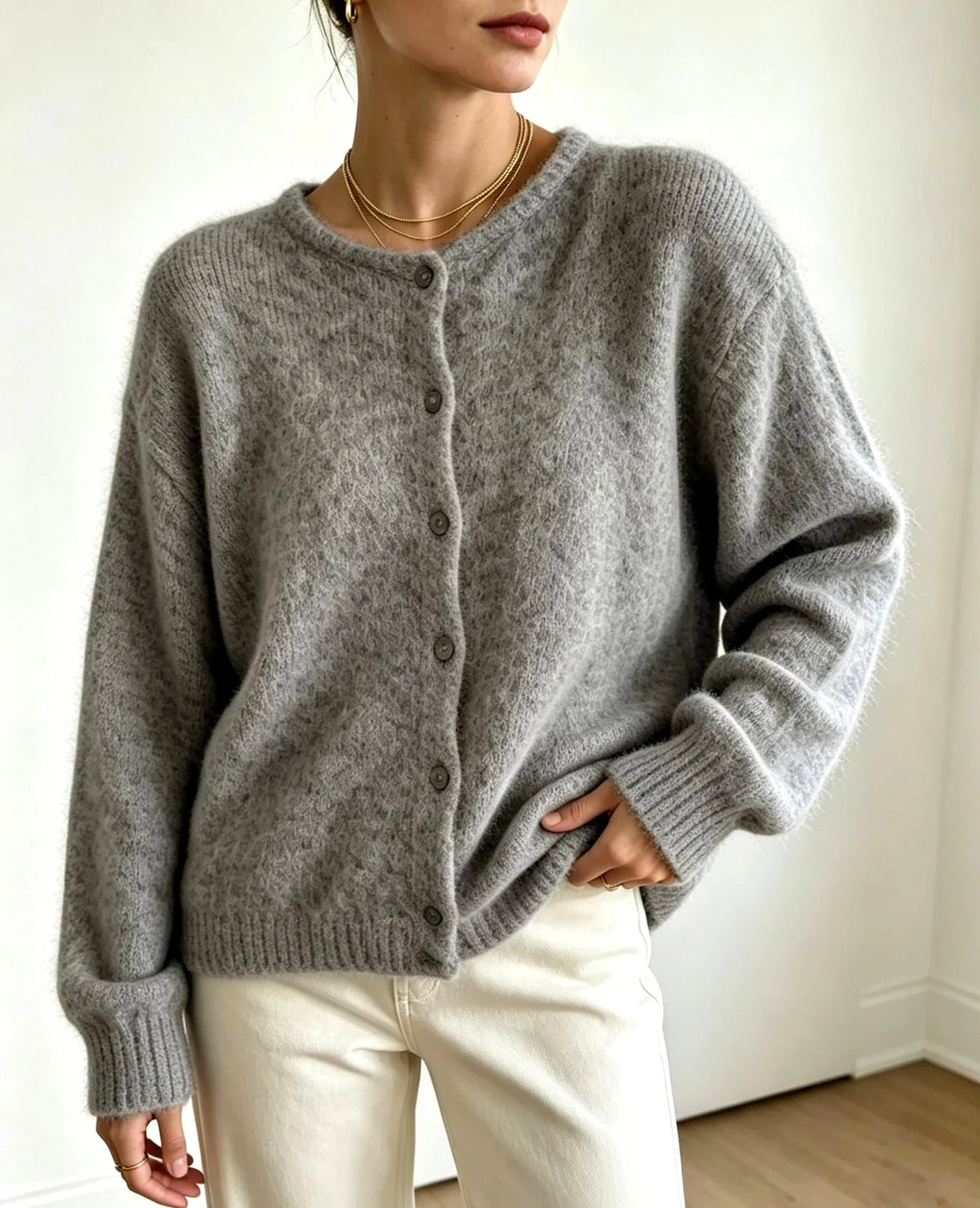 Women's Crew Neck Button-Front Knit Cardigan with Relaxed Fit 4