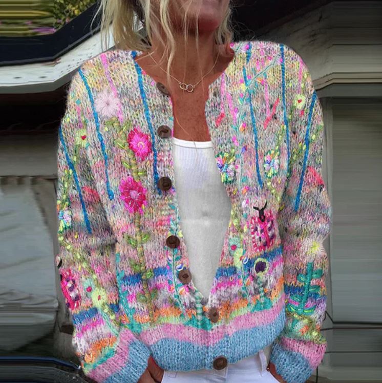 Women's Floral Button-Up Cardigan Sweater with Ribbed Edges 0
