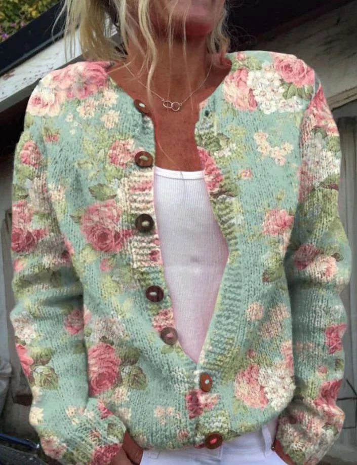 Women's Floral Button-Up Cardigan Sweater with Ribbed Edges 1