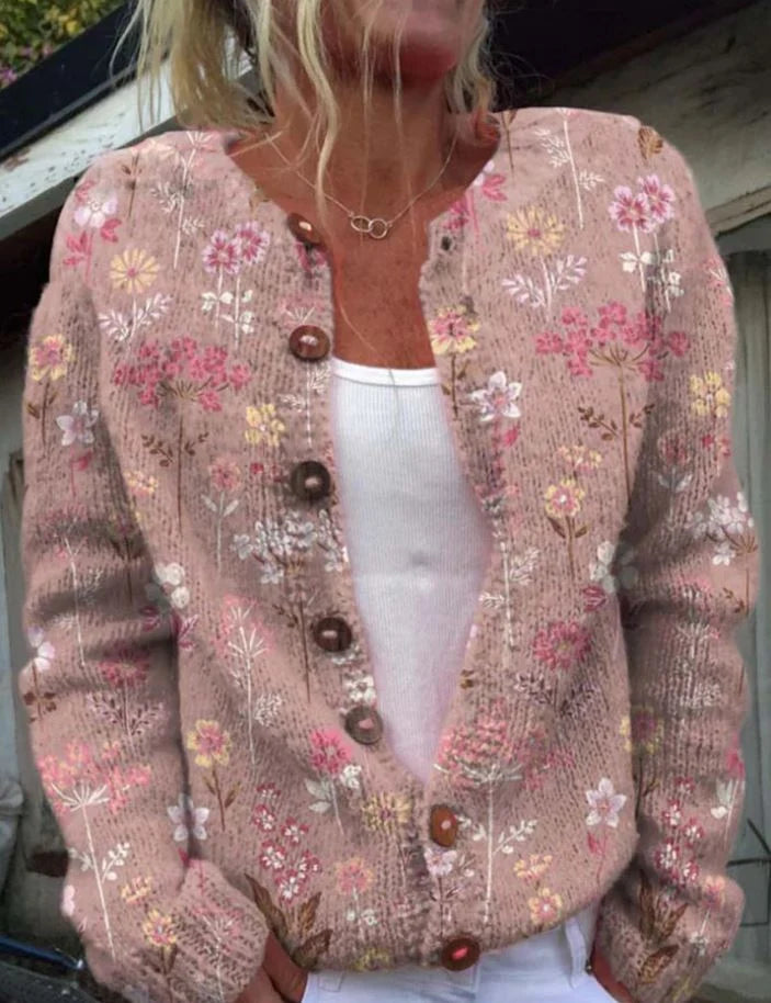 Women's Floral Button-Up Cardigan Sweater with Ribbed Edges 2