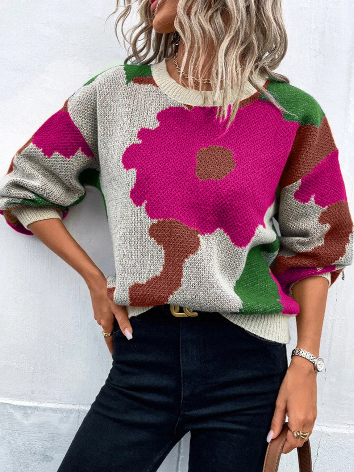 Women's Floral Print Pullover Sweater with Relaxed Fit 0