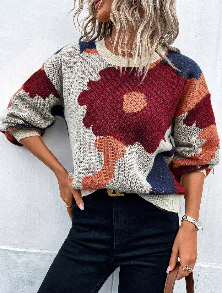 Women's Floral Print Pullover Sweater with Relaxed Fit 1